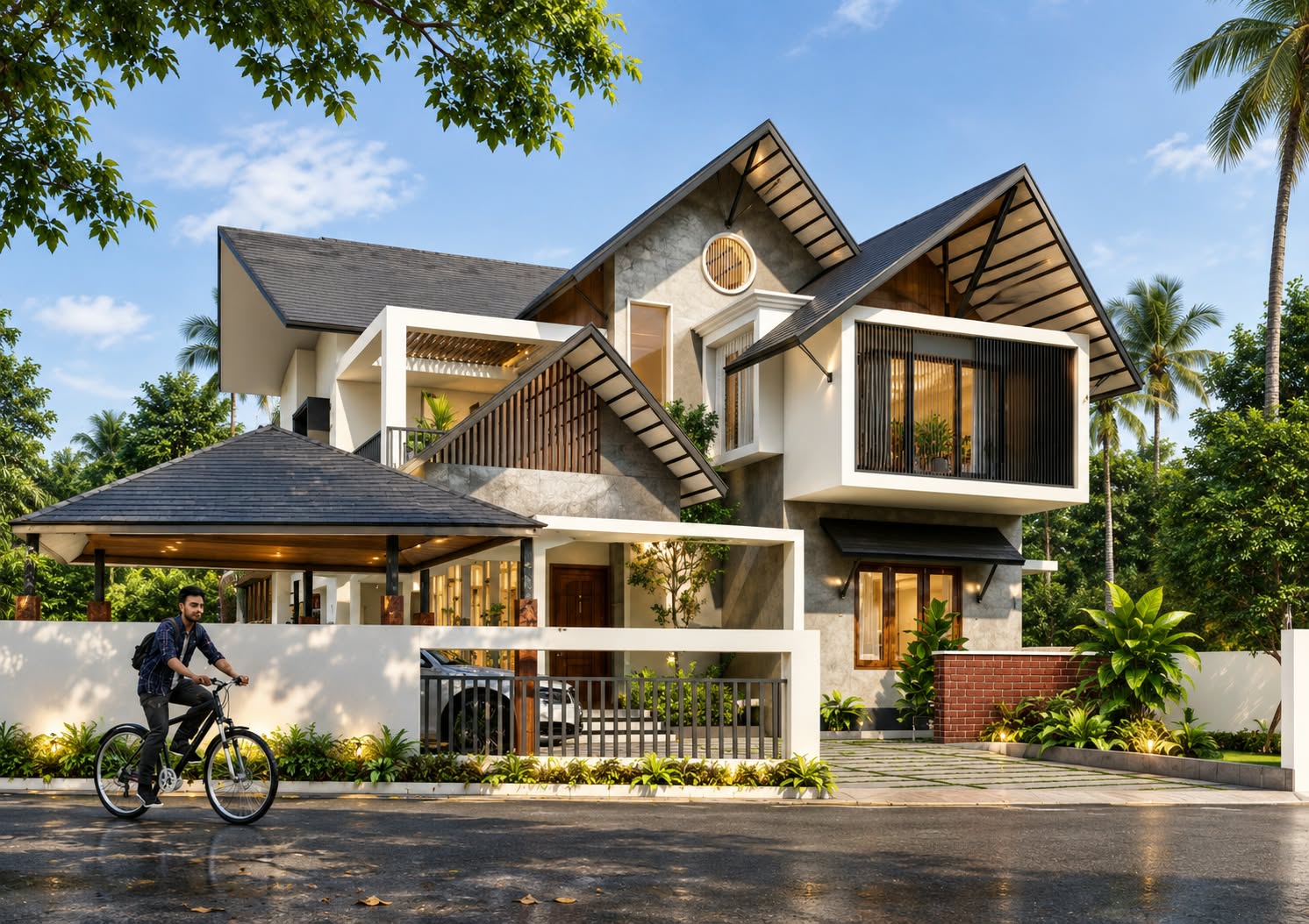 3D design of a two-storey home with steep tiled roofs, a timber-lined porch and a boxed balcony