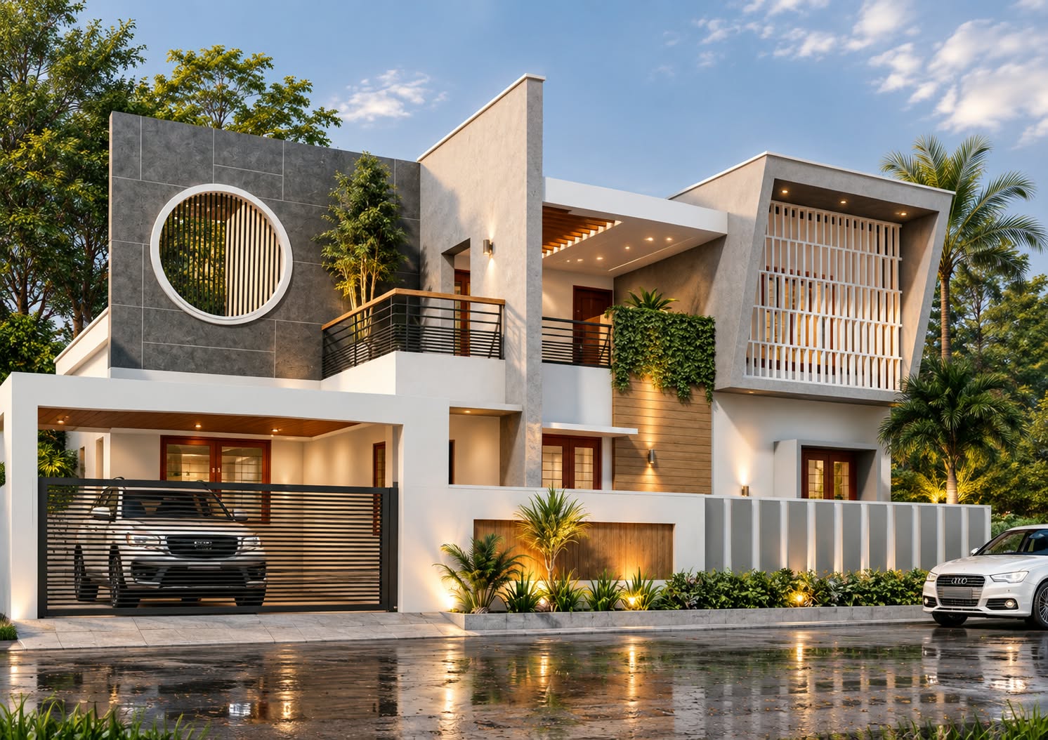 3D design of a contemporary home with a circular slatted screen on a grey stone wall and a covered car porch