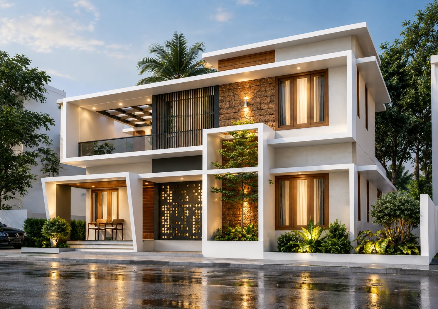 3D design of a white-framed two-storey home with a perforated metal screen and a textured stone panel